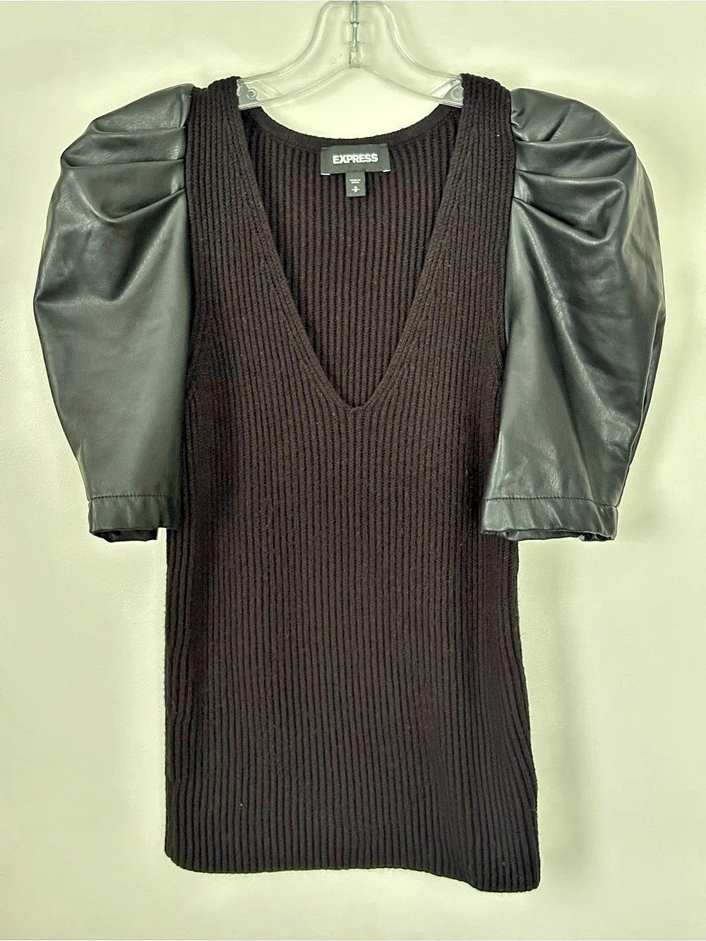 Express Black Ribbed Sweater Top S Faux Leather Puff Sleeve Deep V